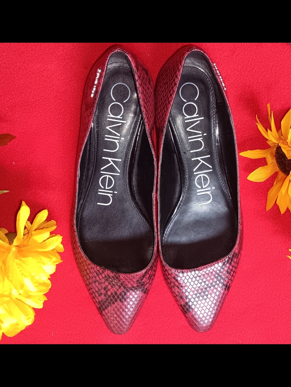 Calvin Klein Red Snake-Print Pointed Toe Pumps